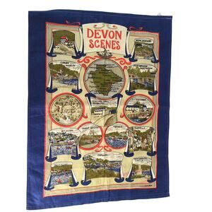 Vintage Devon United Kingdom Souvenir Cotton Tea Towel 20x26" Great Britain